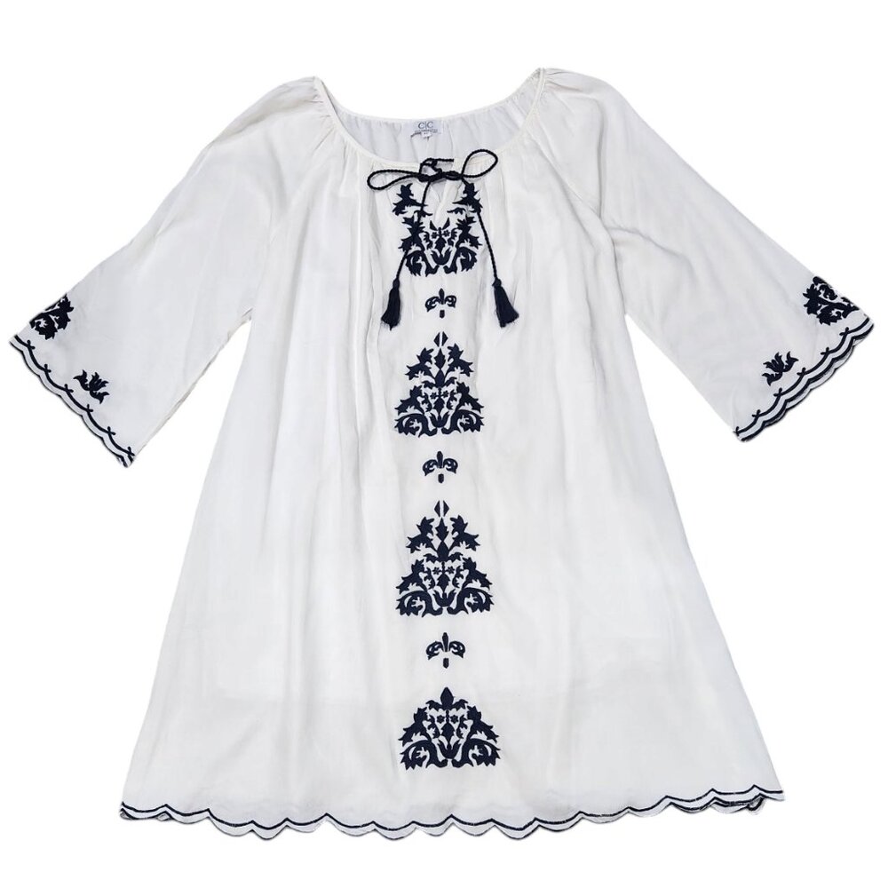 C|C Chic Connection Boho Dress Tassel Tie White/ Blue Floral Embroidery M